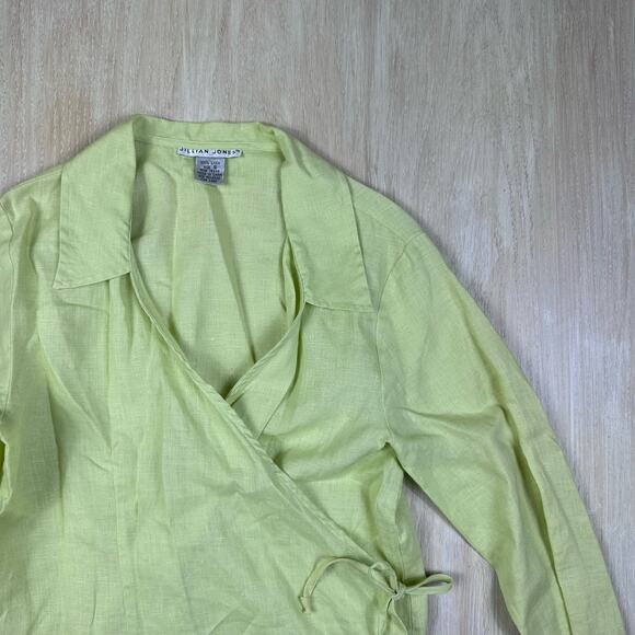 Jillian Jones 100% Linen Lime Green 3/4 Sleeve Wrap Shirt Casual Blouse Small - Picture 2 of 14